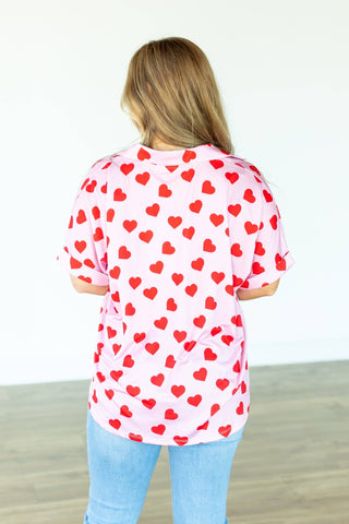 Cara Collared Top, Heart Print: Pink