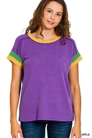 Mardi Gras Raised Rib Contrast Trim Top: PURPLE
