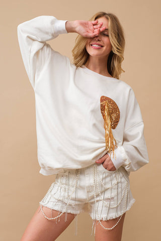 Fleece Terry Football Sequin Fringe Sweatshirt: WHITE GOLD