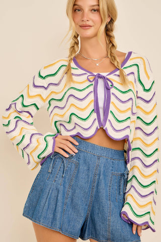 Wavy cardigan Mardi Gras Wave Stripe Tie Cardigan – Festive Knit: PURPLE/GREEN/GOLD