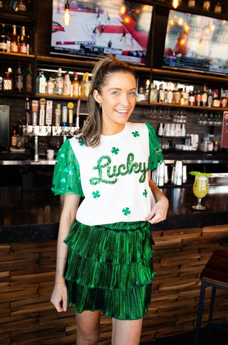 Sequin "Lucky" on Princess Top: White / M