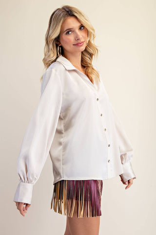 V-Neck Collar Neck Button Down Shirt: Cream