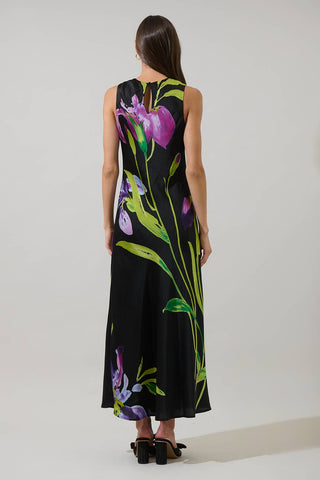 Varkey Floral Saisha Satin Midi Dress: PurpleBlack