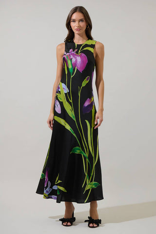 Varkey Floral Saisha Satin Midi Dress: PurpleBlack