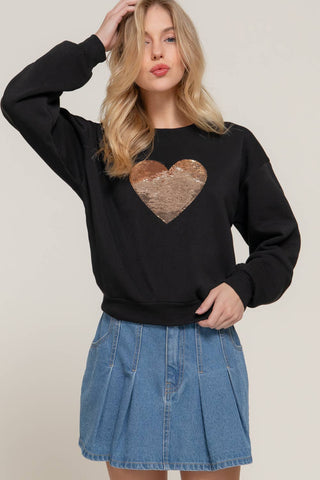 Long Sleeve Crew Neck Sequin Detail Inner Fleece Sweatshirt: BRG-dark wine