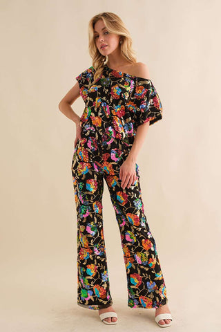 Sequin Flower Boots Cut Long Pants