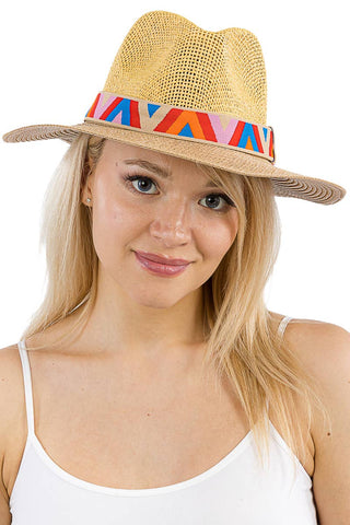 Chevron Band Two Tone Open Weave Straw Fedora Rancher Hat