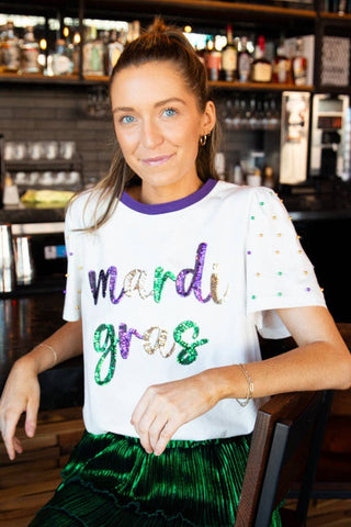 Sequin "Mardi Gras" on White Princess Top: White