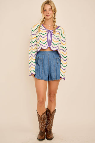 Wavy cardigan Mardi Gras Wave Stripe Tie Cardigan – Festive Knit: PURPLE/GREEN/GOLD