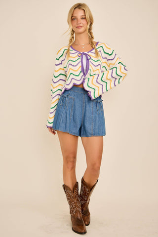 Wavy cardigan Mardi Gras Wave Stripe Tie Cardigan – Festive Knit: PURPLE/GREEN/GOLD