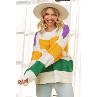 CLASSIC MARDI GRAS COLORFUL STRIPE RELAXED FIT PULLOVER TOP: Multi