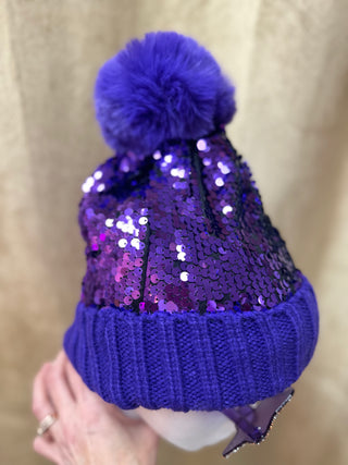 Purple Pom Pom sequins beanie
