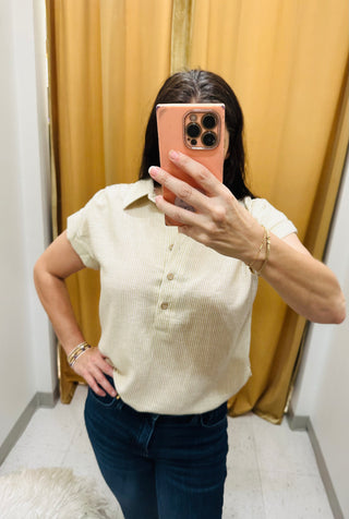 MESSA STRIPE HALF BUTTON COLLARED SHORT SLEEVE SHIRT