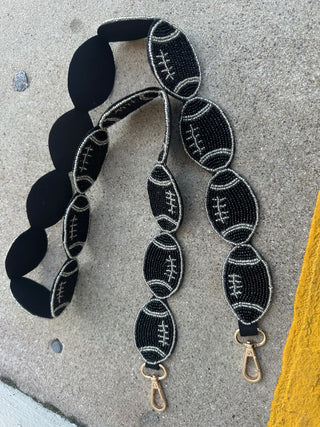 Black and silver handbeaded football purse strap