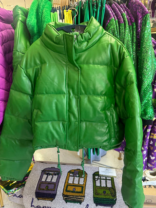 Green puffer jacket ..