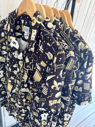 Unisex black and gold button up