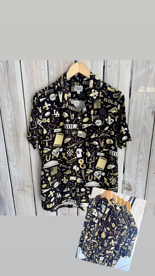 Unisex black and gold button up