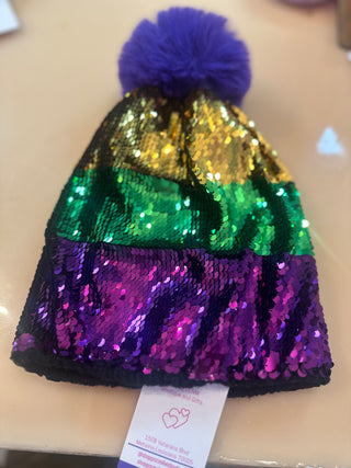 Mardi Gras Sequins beanie with Pom Pom