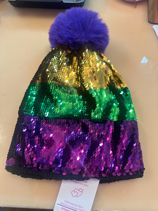 Mardi Gras Sequins beanie with Pom Pom