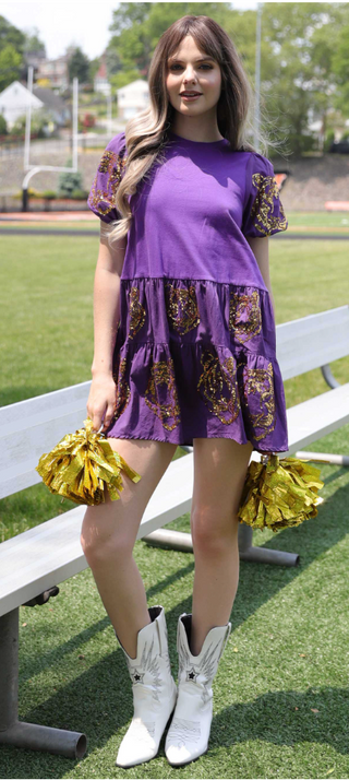 Here kitty kitty purple dress with gold sequins tigers