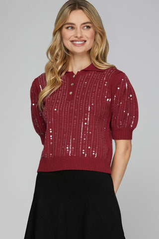 Wine Sequin Sweater Top
