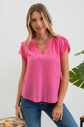 SPLIT NECK PETAL TASSEL SLEEVE BLOUSE