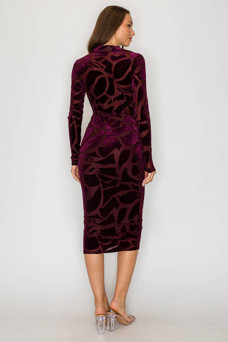 ICE  VELVET BURN OUT MIDI DRESS: Burgundy /