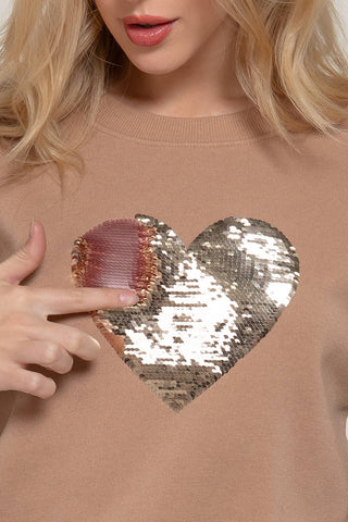 Long Sleeve Crew Neck Sequin Detail Inner Fleece Sweatshirt: BRG-dark wine