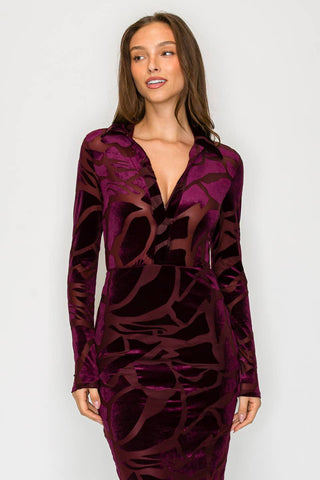 ICE  VELVET BURN OUT MIDI DRESS: Burgundy /