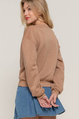 Long Sleeve Crew Neck Sequin Detail Inner Fleece Sweatshirt: BRG-dark wine
