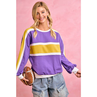 GAMEDAY WOMENS SPORTY COLORBLOCK PULLOVER SWEATSHIRT: PURPLE/GOLD