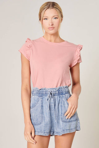Brooke Ruffle Shoulder Cotton Knit Top: Rose /