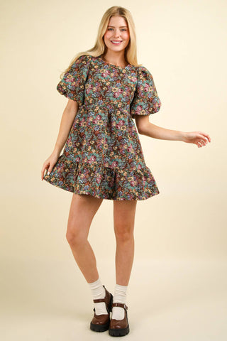 Floral Jacquard Fabric Holiday Mini Dress: CHOCO MIX