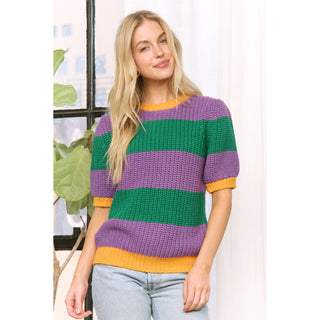 MARDI GRAS COLORFUL STRIPE SHORT SLEEVE PULLOVER SWEATER TOP