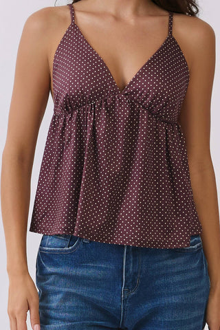 CAMI JERSEY BABYDOLL TANK: BURNT COCOA POLKA DOT