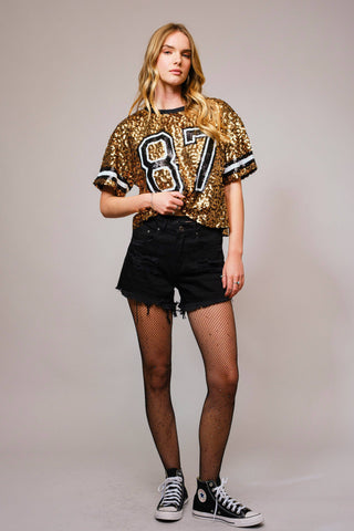 Sequin Game Day Crop Varsity Top: GOLD