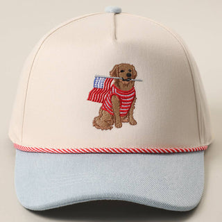 Golden Retriever Holding USA Flag Denim Brim Trucker Hat: LT DENIM / ONE SIZE