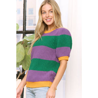 MARDI GRAS COLORFUL STRIPE SHORT SLEEVE PULLOVER SWEATER TOP