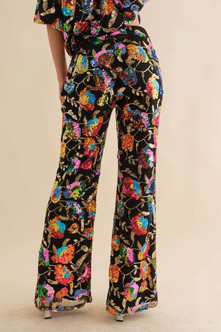 Sequin Flower Boots Cut Long Pants