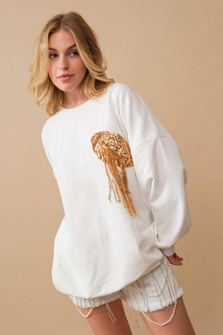 34253T - Fleece Terry Football Sequin Fringe Sweatshirt: WHITE GOLD