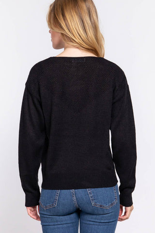 Long Slv Round Neck Waffle Detail Sweater: Bl