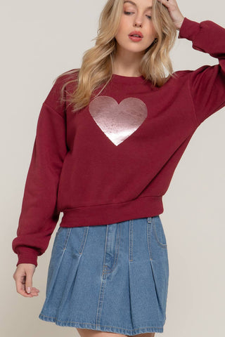 Long Sleeve Crew Neck Sequin Detail Inner Fleece Sweatshirt: BRG-dark wine