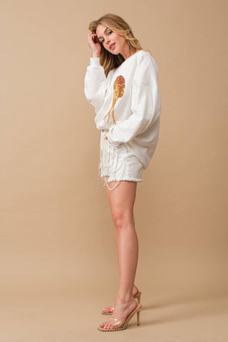 Fleece Terry Football Sequin Fringe Sweatshirt: WHITE GOLD