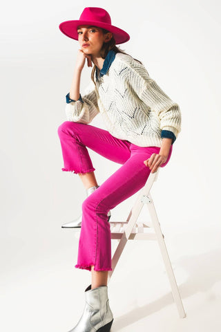 Flare jeans with raw hem edge in fuchsia: Fuchsia / Small