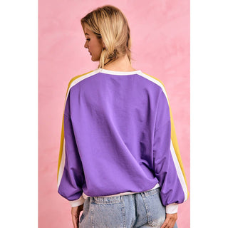GAMEDAY WOMENS SPORTY COLORBLOCK PULLOVER SWEATSHIRT: PURPLE/GOLD
