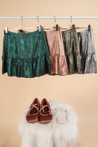 Shiny Woven Flare A-Line Holiday Mini Skirt: GREEN