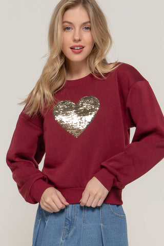 Long Sleeve Crew Neck Sequin Detail Inner Fleece Sweatshirt: BRG-dark wine