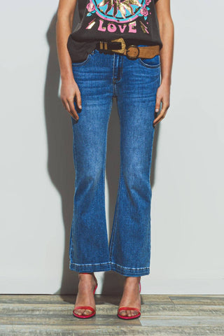 Q2 Flared double button waist jeans in blue denim: Blue