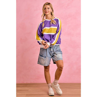 GAMEDAY WOMENS SPORTY COLORBLOCK PULLOVER SWEATSHIRT: PURPLE/GOLD