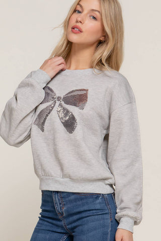 Long Sleeve Crew Neck Sequin Detail Inner Fleece Sweatshirt: HGY-h grey